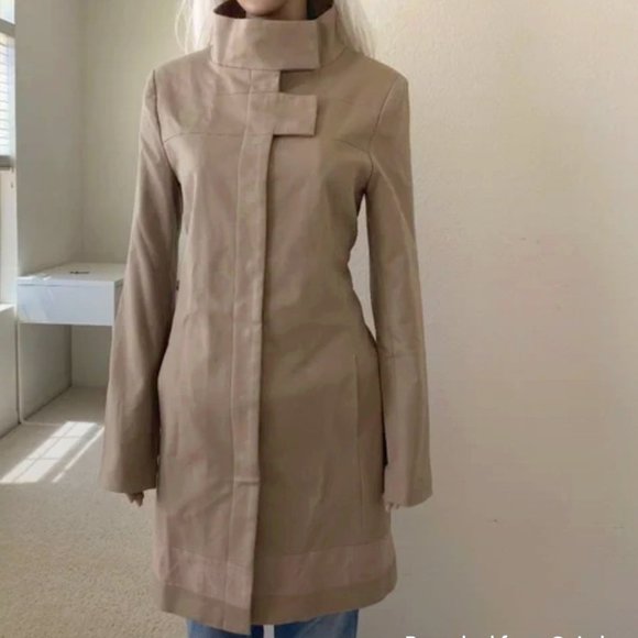 Trench Coat Camel Color Mock Turtleneck Collar Mid Length - Picture 1 of 9